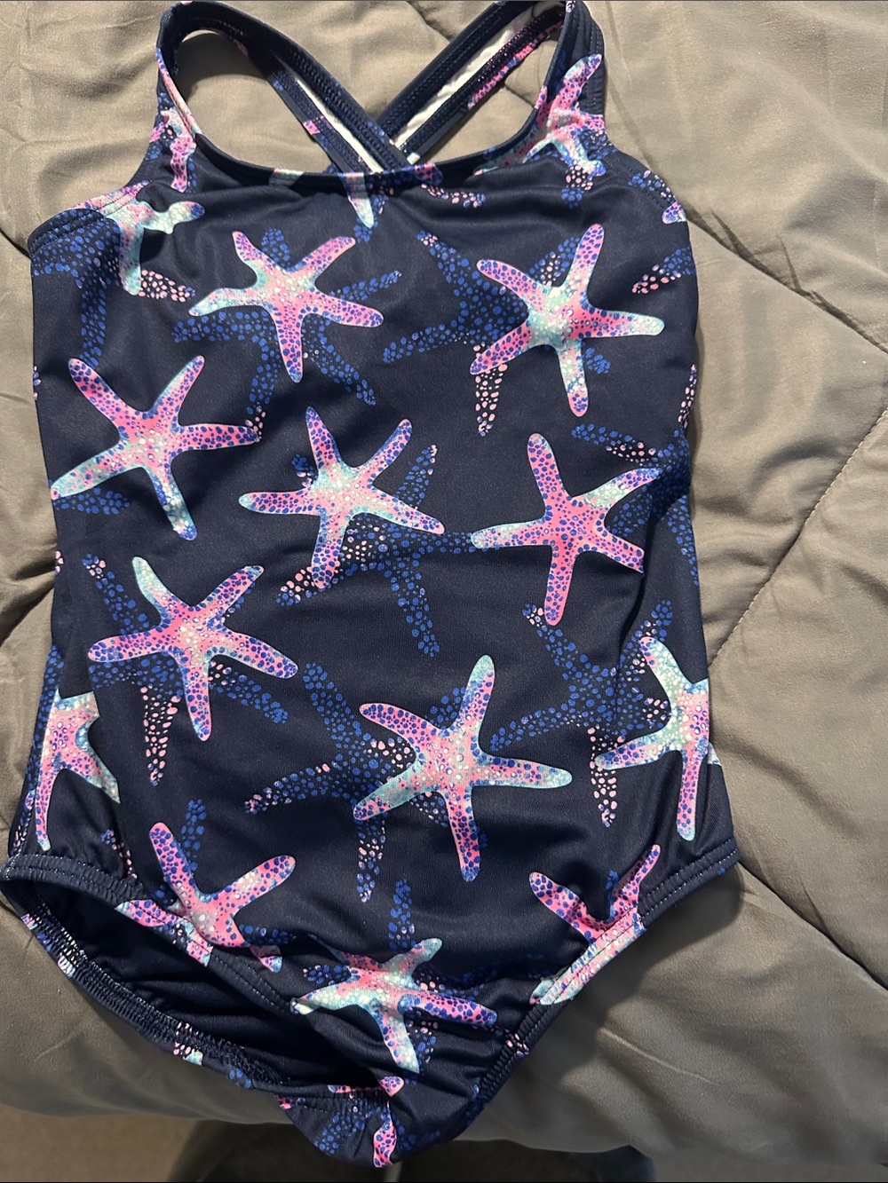 Lands' End Navy One-Piece Swim with Pink & Aqua Starfish